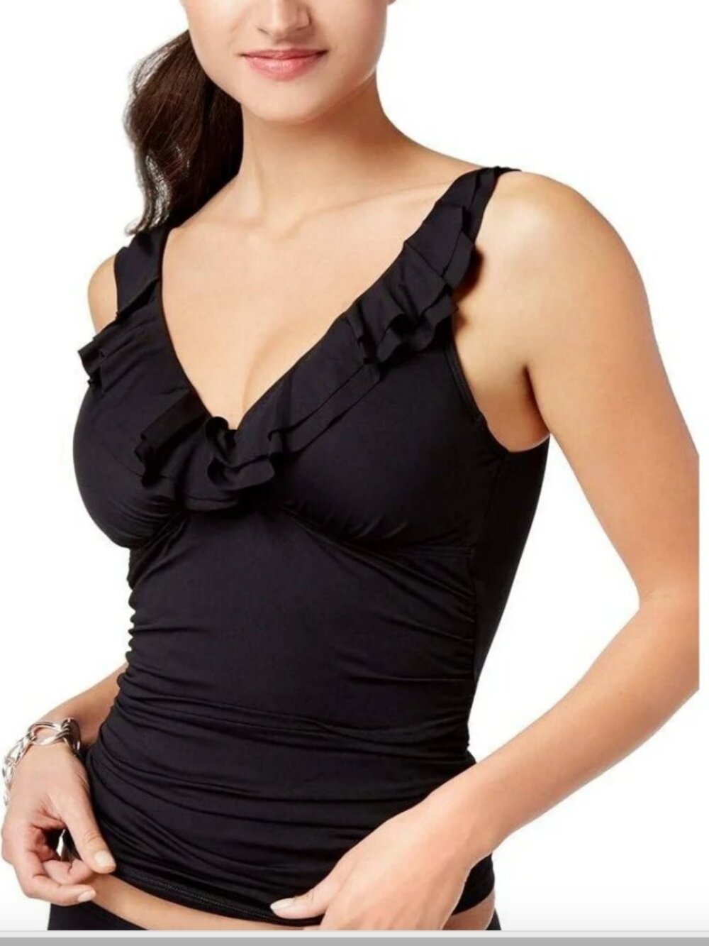 DKNY Black Solid Plunge Ruffle Neck Adjustable Strap Swim TANKINI TOP Size: XL